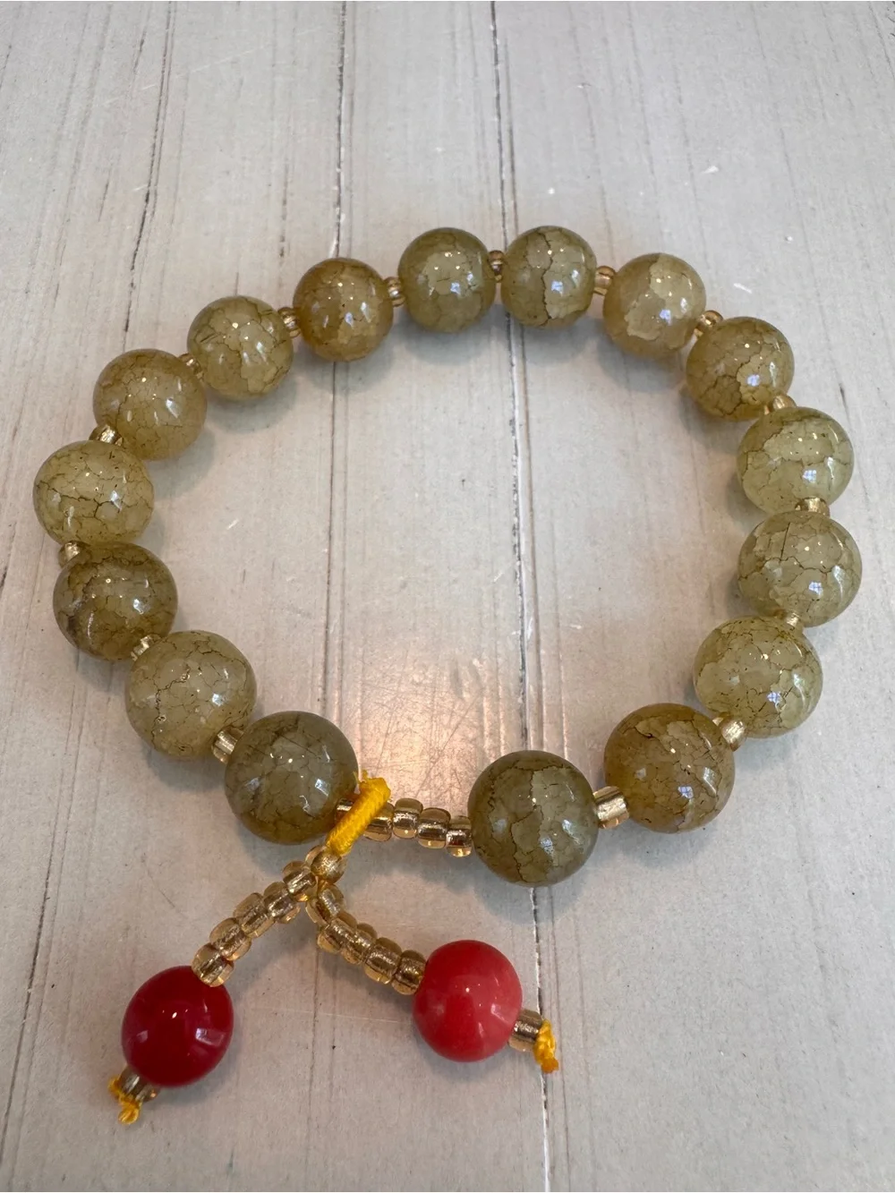 Green & Brown Dragon Vein Agate-Style Beaded Stretch Bracelet w/Red Dangle Charm